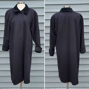 Vintage 90s y2k Black Wool Velvet Trim Long Lagenlook Trench Coat Overcoat 10